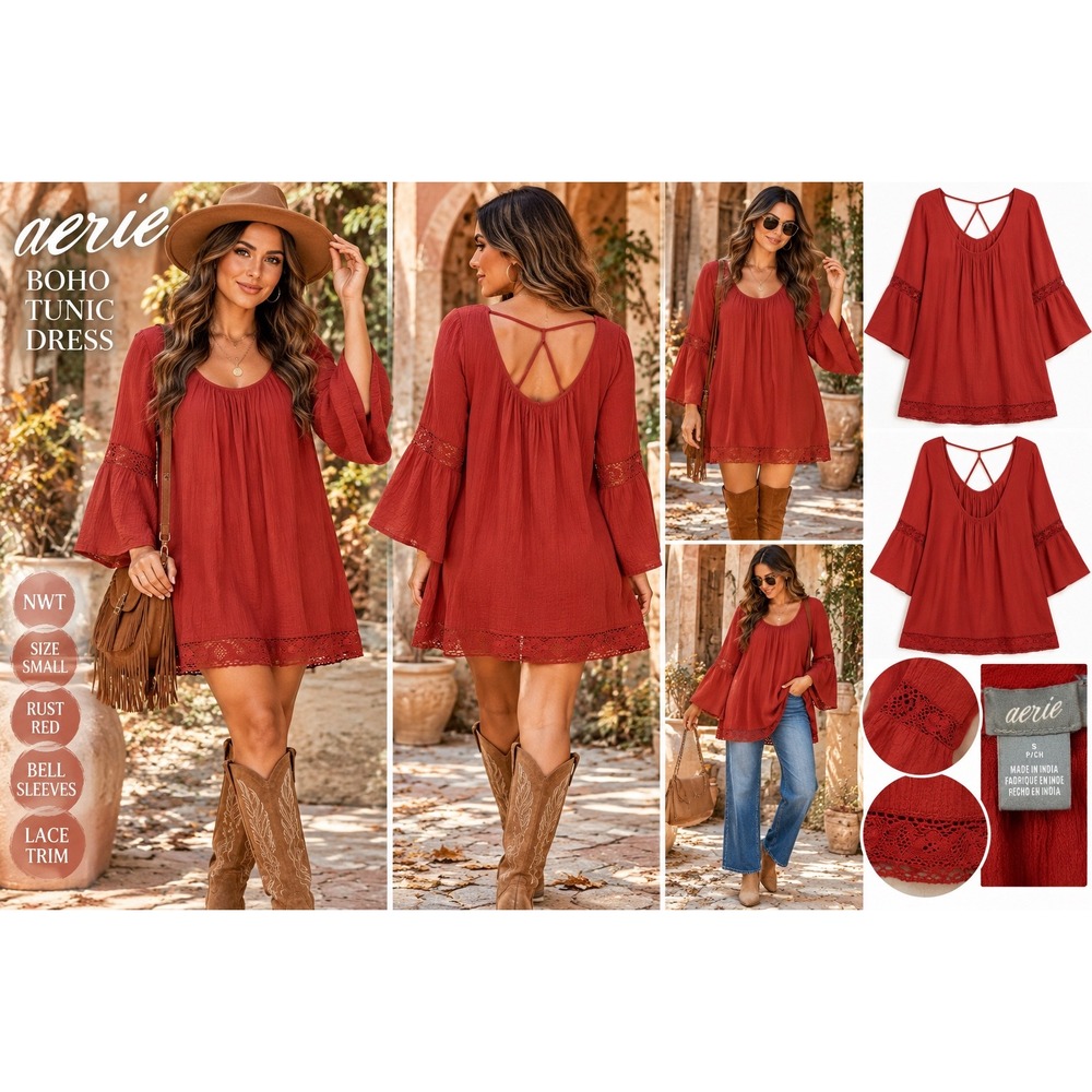 Aerie Boho Tunic Dress Rust Red Bell Sleeve Lace Trim Strappy Back Small NWT